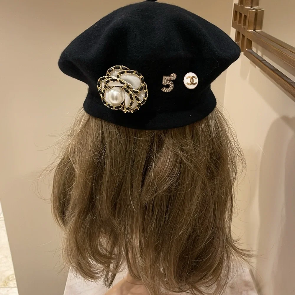 Chanel white Camellia French wool black beret hat - Picture 3 of 8